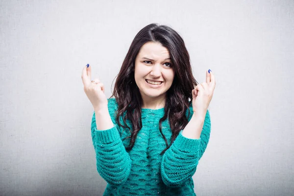 Young Woman Fingers Crossed White — Stock Photo, Image