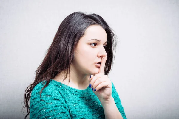 Pretty Woman Asks Quiet Keeps Finger Mouth — Stock Photo, Image
