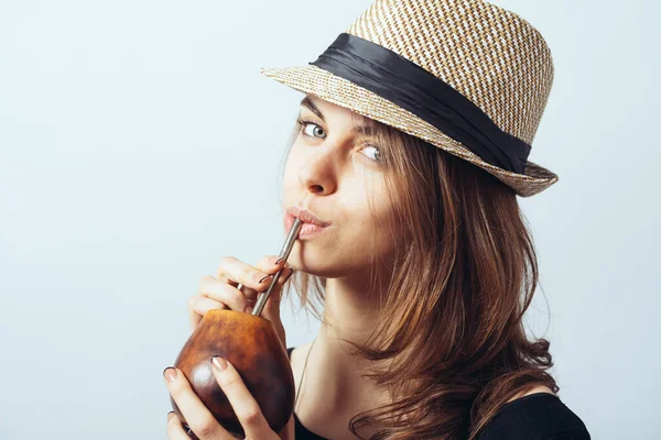 Portrait Cute Brunette Girl Drinking Mate — Stock Photo, Image