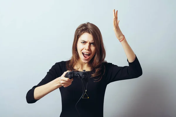 Grappig Schattig Brunette Meisje Emotioneel Speelt Een Video Game Console — Stockfoto
