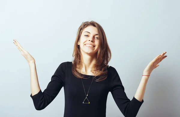 Young Woman Arms Out Shrugs Shoulders Asking Who Cares What — Stock Photo, Image