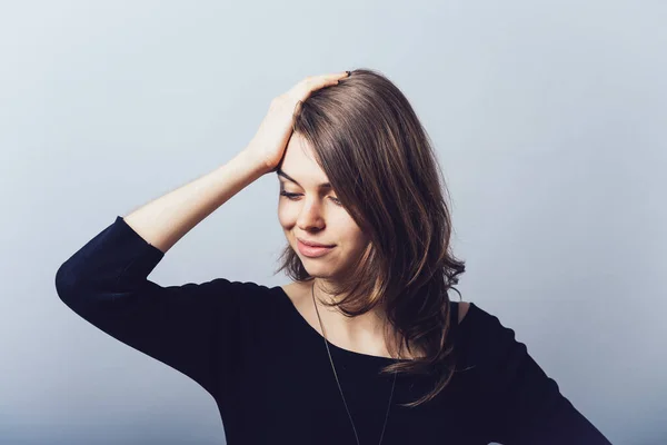 Cute Blue Eyed Brunette Girl Remembered Something Holding His Head — Stock Photo, Image