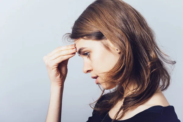 Woman Thinking His Hand His Forehead Profile — Stock Photo, Image