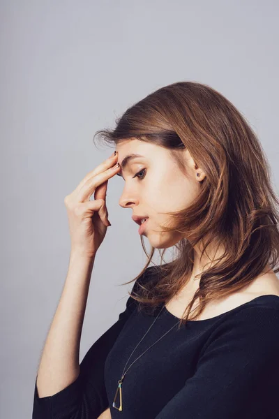 Woman Thinking His Hand His Forehead Profile — Stock Photo, Image