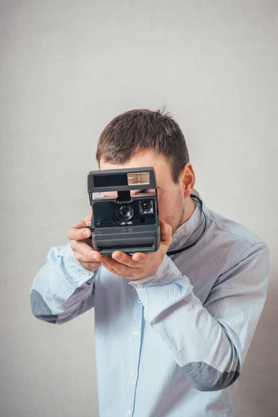 Handsome Young Man Retro Photo Camera — Stock Photo, Image