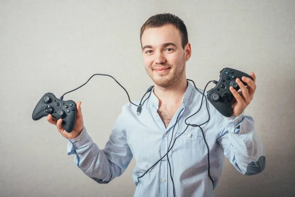 Gelukkig Jongeman Winnende Pose Dragen Shirt Met Video Game Joystick — Stockfoto