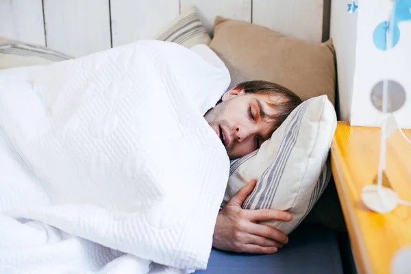 Handsome Man Sleeping His Bedroom — Stock Photo, Image