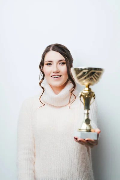 Portrait Happy Businesswoman Keeping Golden Cup Concept Victory Success — Stock Photo, Image