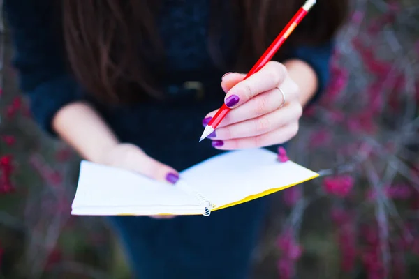 Menina Natureza Escrevendo Caderno — Fotografia de Stock