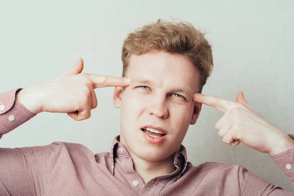 Man Thinks Shows Head Your Fingers — Stock Photo, Image