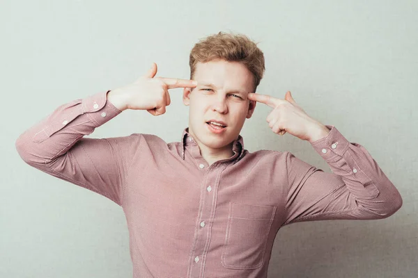 Man Thinks Shows Head Your Fingers — Stock Photo, Image