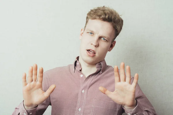 Afraid Man Defense Attitude Gesturing Stop Hands — Stock Photo, Image