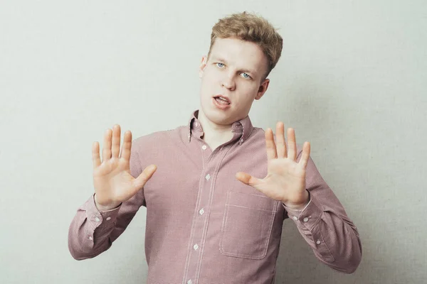 Afraid Man Defense Attitude Gesturing Stop Hands — Stock Photo, Image