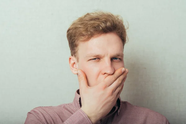 Man Yawns Covering Her Mouth — Stock Photo, Image