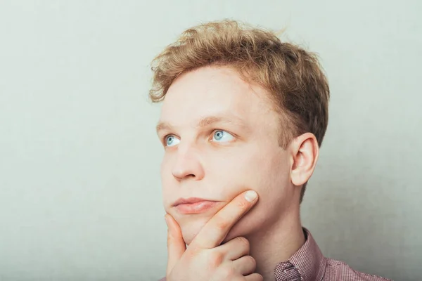 Portrait Young Thinking Man Looks Hand Face — Stock Photo, Image