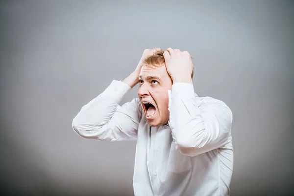 Young Businessman Shock Hands Face — Stock Photo, Image