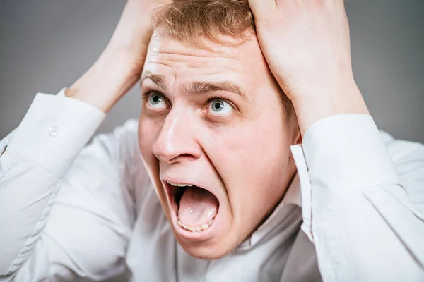 Young Businessman Shock Hands Face — Stock Photo, Image