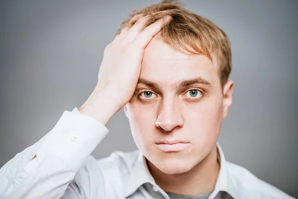 Frustrated Man Thinking Deeply Hand Head — Stock Photo, Image