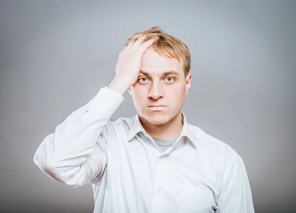 Frustrated Man Thinking Deeply Hand Head — Stock Photo, Image
