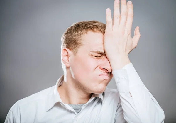 Frustrated Man Thinking Deeply Hand Head — Stock Photo, Image