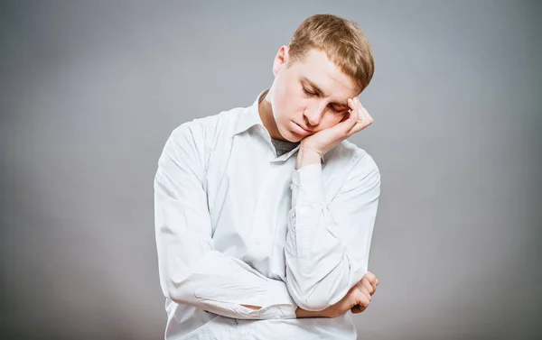 Young Man Close Suit Gray Background Fall Asleep Guy Wants — Stock Photo, Image