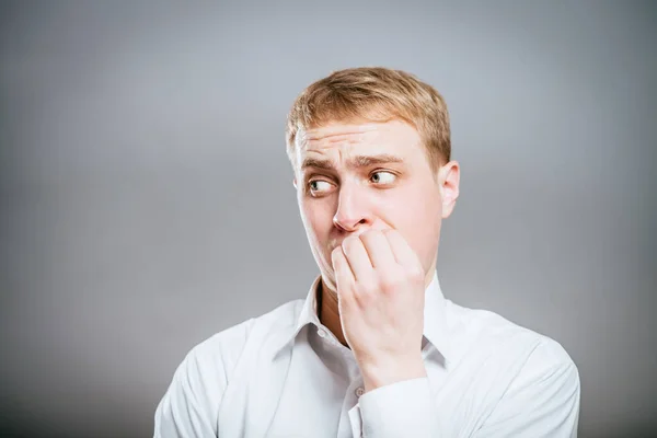 Closeup Portrait Man Biting His Thumb Fingernail Finger Mouth Very — Stock Photo, Image