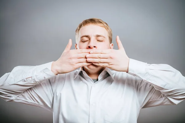 Speak Evil Concept Face Men Covering His Mouth — Stock Photo, Image