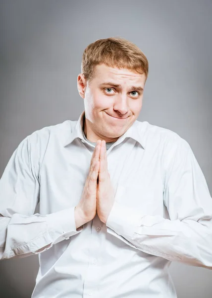 Closeup Portrait Desperate Young Man Showing Clasped Hands Pretty Please — Stock Photo, Image