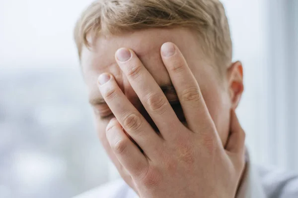Business Man Headache Very Stressed Hand Face — Stock Photo, Image
