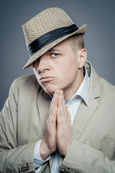 Closeup Portrait Desperate Young Man Hat Showing Clasped Hands Pretty — Stock Photo, Image