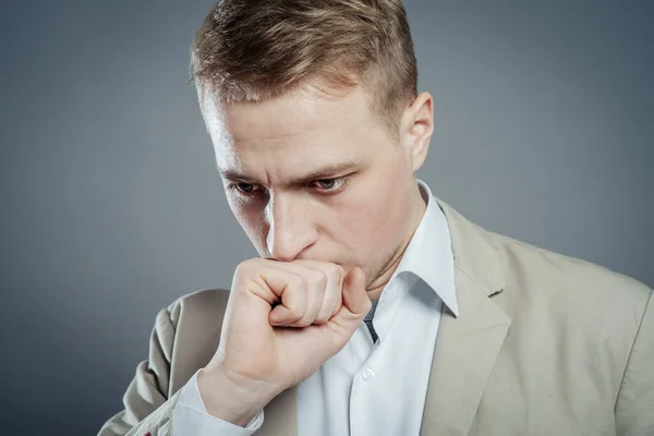 Thinking Man Isolated Gray Background Closeup Portrait Casual Young Pensive — Stock Photo, Image