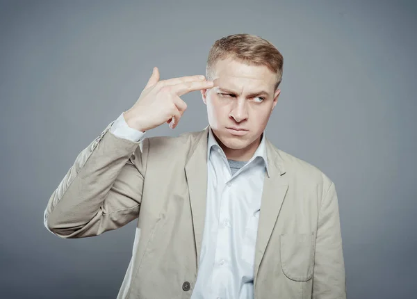 Young Businessman Doing Suicide Symbol Gray Businessman Shooting His Own — Stock Photo, Image