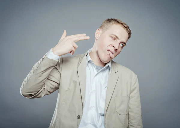 Young Businessman Doing Suicide Symbol Gray Businessman Shooting His Own — Stock Photo, Image