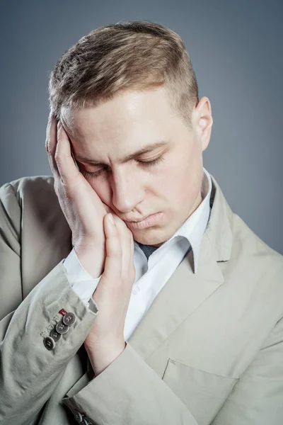 Young Man Close Suit Gray Background Fall Asleep Guy Wants — Stock Photo, Image