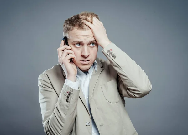 Closeup Portrait Young Man Annoyed Frustrated Pissed Someone Listening His — Stock Photo, Image