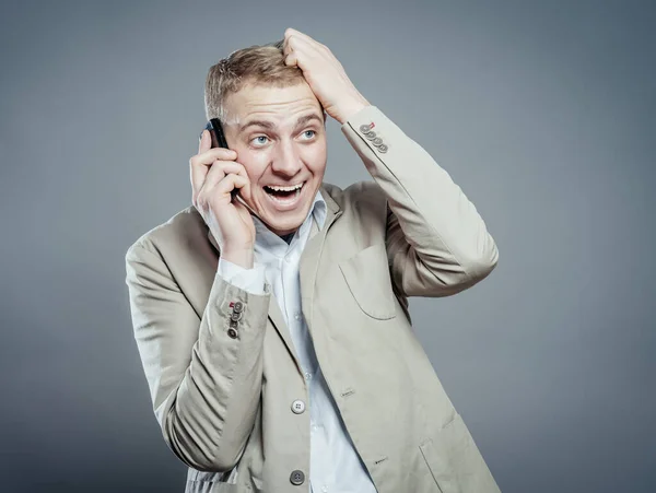 Happy Smiling Young Man Talking Mobile — Stock Photo, Image