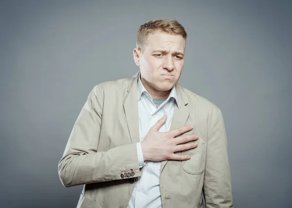 Businessman Hands His Chest Hearts Pain — Stock Photo, Image