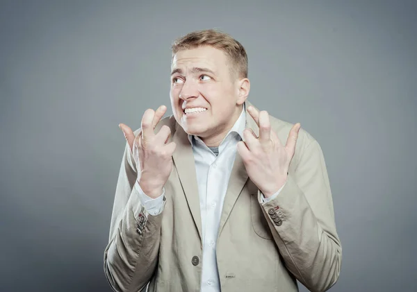 Portrait Attractive Young Businessman Shirt Suit Crossing His Fingers While — Stock Photo, Image