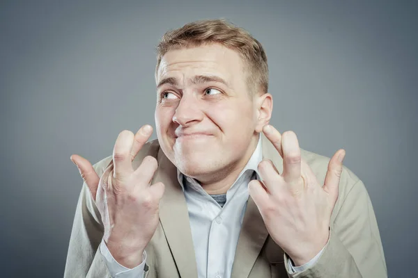 Portrait Attractive Young Businessman Shirt Suit Crossing His Fingers While — Stock Photo, Image