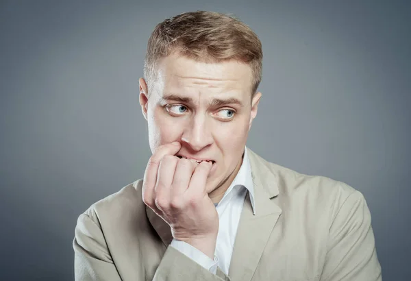 Young Man Nervous Hurt Bites His Finger — Stock Photo, Image