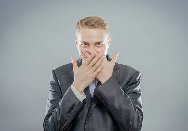 Emotional Man Keep His Mouth Closed His Hands — Stock Photo, Image