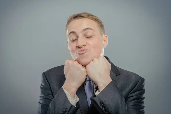 Portrait Successful Young Man Closed His Eyes Kiss — Stock Photo, Image