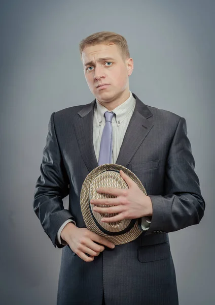 Young Man Suit Holding Straw Hat — Stock Photo, Image