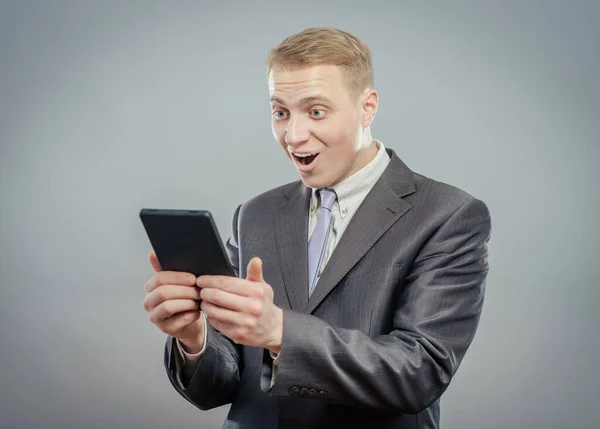 Successful Businessman Standing Using Tablet Access Internet Leans — Stock Photo, Image