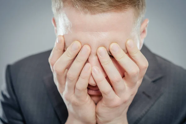 Young Man Upset Hands Face — Stock Photo, Image