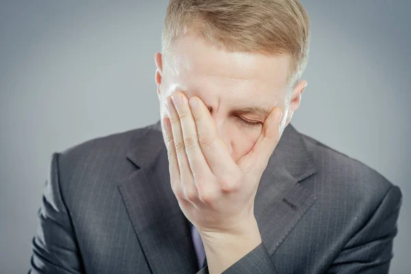 Young Man Upset Hands Face — Stock Photo, Image