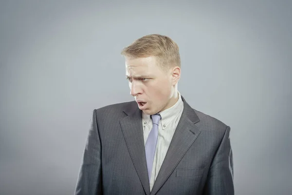 Portrait Angry Young Man Shouting Grey Background — Stock Photo, Image
