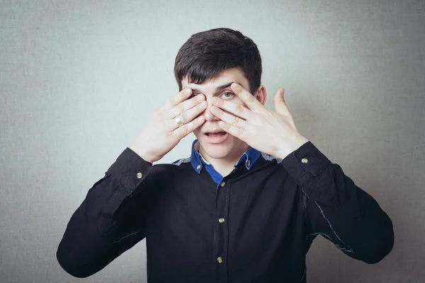 Portrait Man Closed One Eye His Hand — Stock Photo, Image