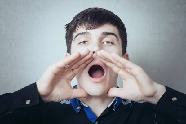 Man Shouts His Hands His Mouth Gesture Cry Cry Search — Stock Photo, Image