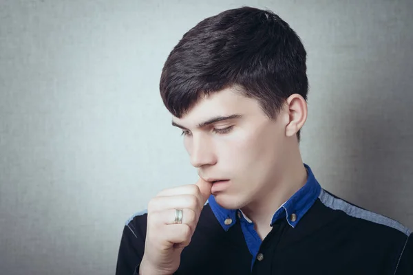 Man Thinking Something Sadness Dreams Tired Gray Background — Stock Photo, Image